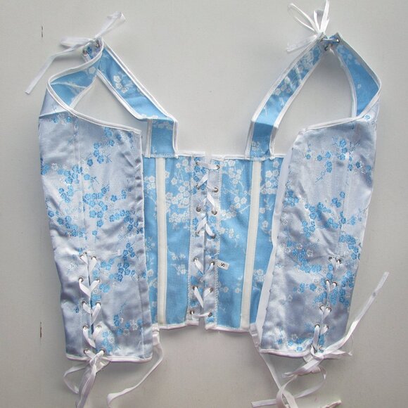 Blue White Asian Satin Jacquard Corset Bustier Set - NEW - Picture 8 of 9